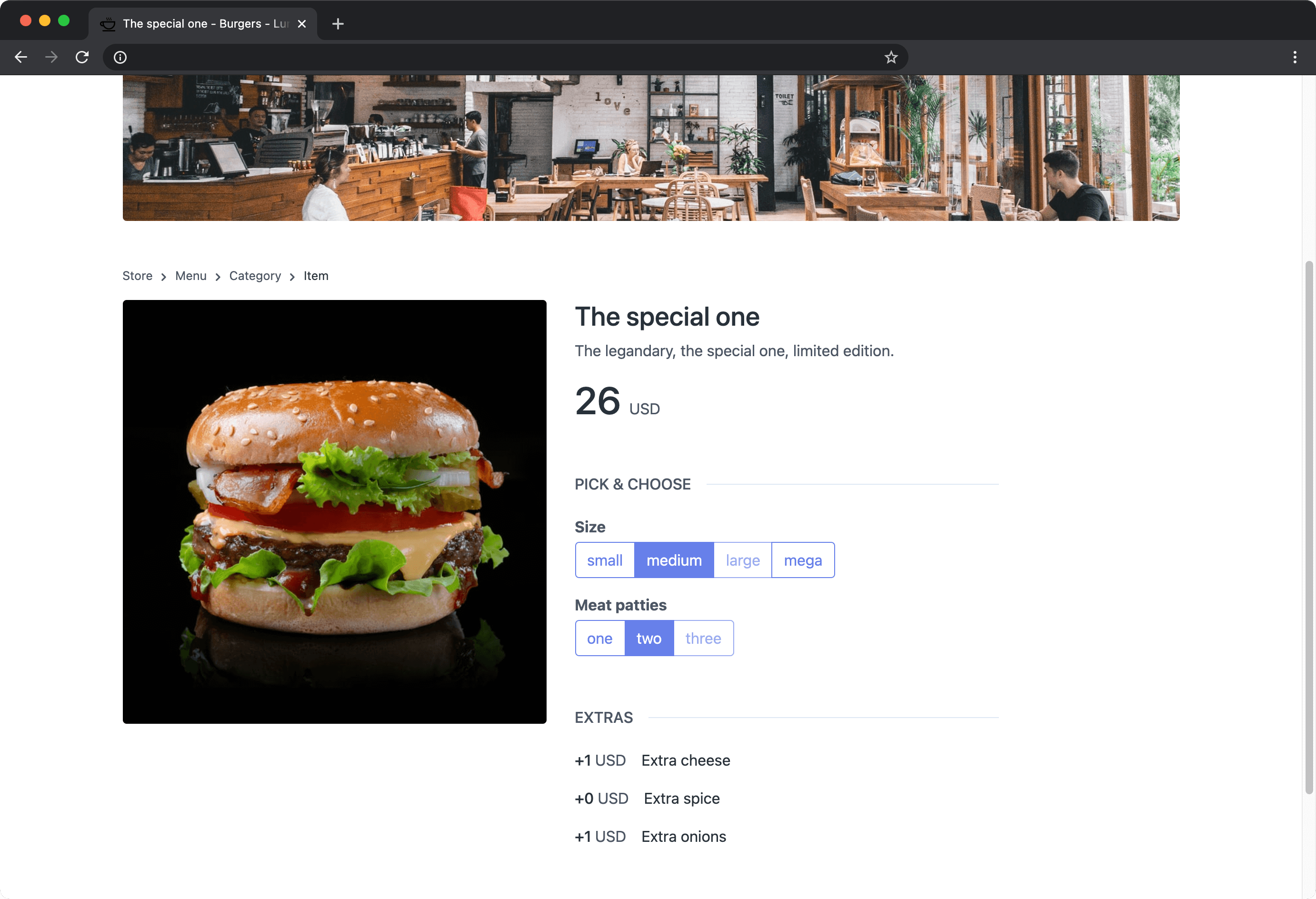 Captura de tela de uma visualização de item do menu da loja